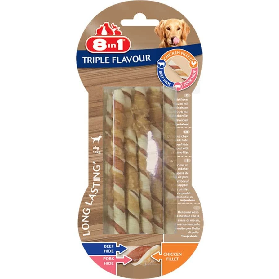 8in1 Triple Flavour Sticks Torsadés Pour Chien X10 1 8in1 Triple Flavour Sticks Torsadés Pour Chien X10